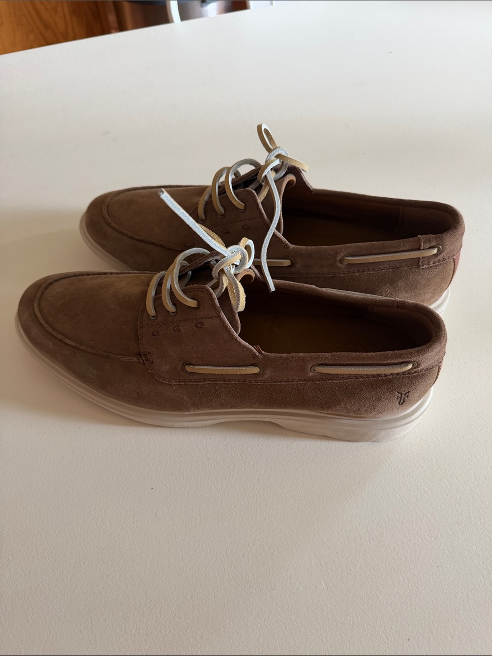 Frye Brown Suede Boat Shoes with Cream Laces Sz 13.  Box46.  New No box